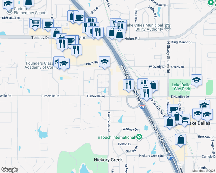 map of restaurants, bars, coffee shops, grocery stores, and more near 1021 Point Vista Road in Lake Dallas