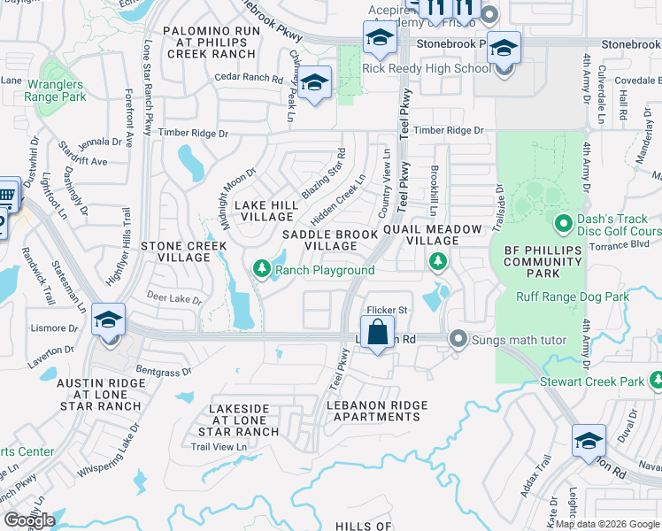 map of restaurants, bars, coffee shops, grocery stores, and more near 2132 Fox Ridge Trail in Frisco