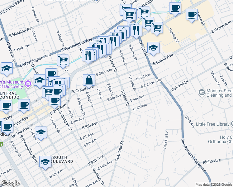 map of restaurants, bars, coffee shops, grocery stores, and more near 817 East 2nd Avenue in Escondido