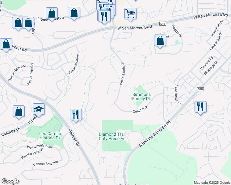 map of restaurants, bars, coffee shops, grocery stores, and more near 2153 Goya Place in San Marcos