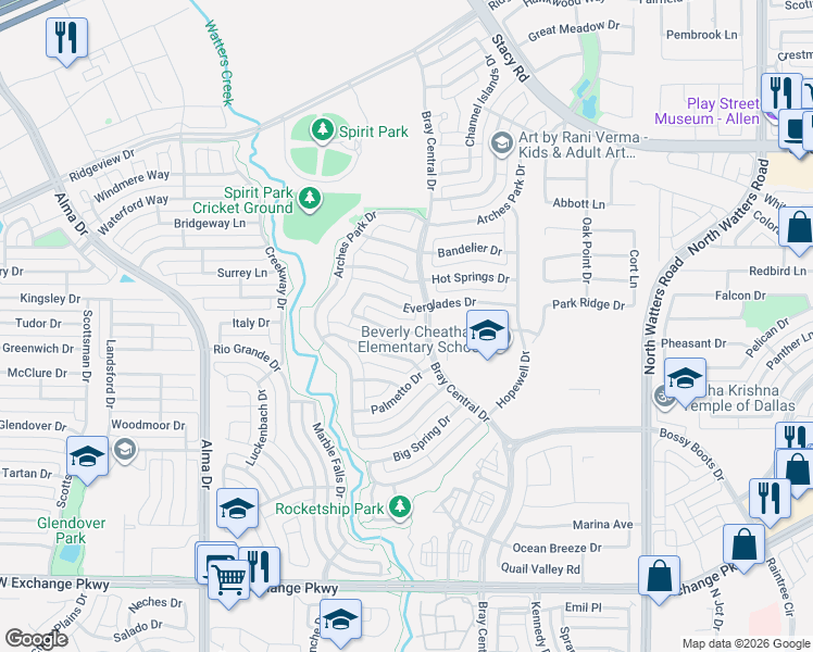 map of restaurants, bars, coffee shops, grocery stores, and more near 1030 Everglades Drive in Allen