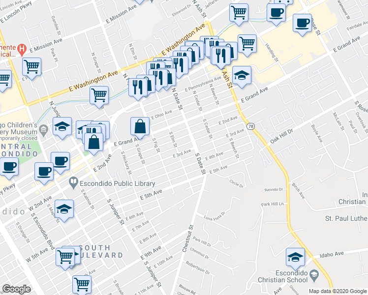 map of restaurants, bars, coffee shops, grocery stores, and more near 817 East 2nd Avenue in Escondido