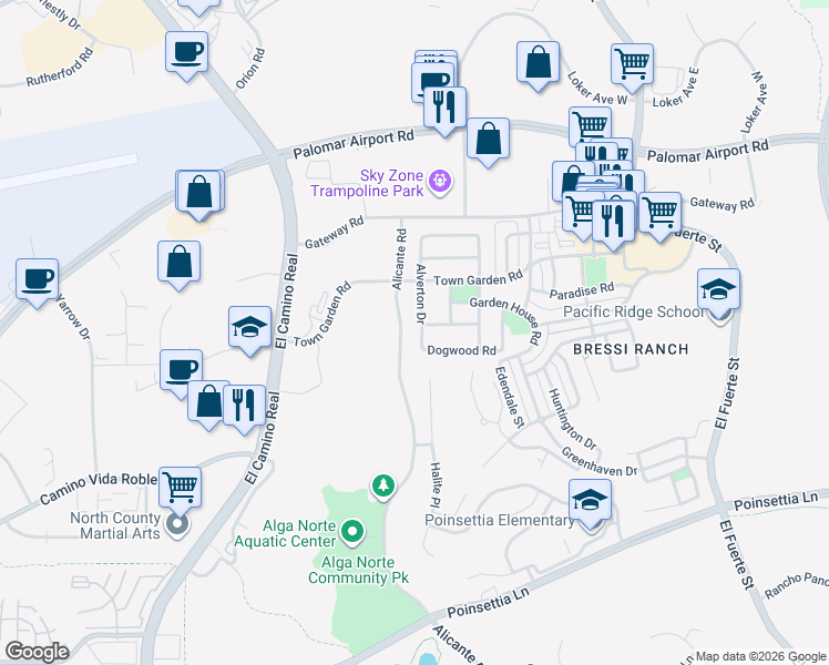map of restaurants, bars, coffee shops, grocery stores, and more near 6253 Alverton Drive in Carlsbad