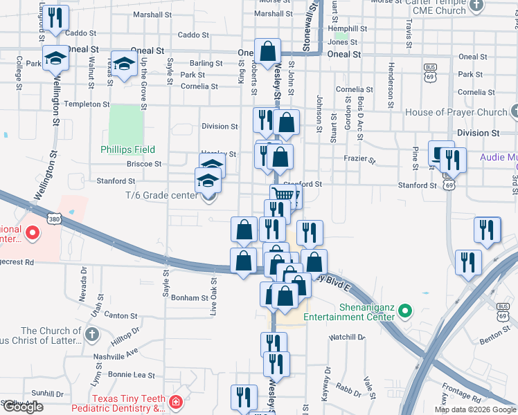 map of restaurants, bars, coffee shops, grocery stores, and more near 4601 King Street in Greenville