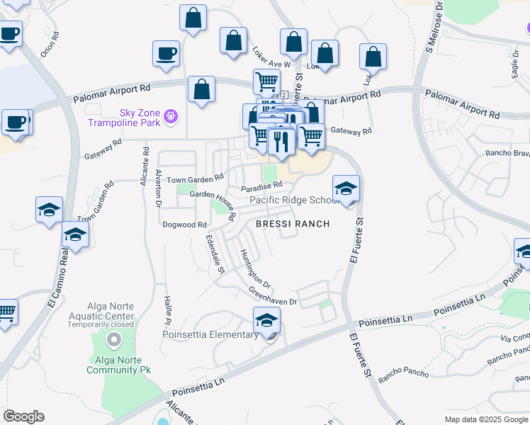 map of restaurants, bars, coffee shops, grocery stores, and more near 2676 Peppertree Way in Carlsbad