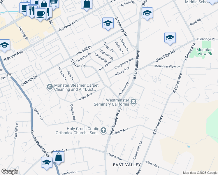 map of restaurants, bars, coffee shops, grocery stores, and more near Boyle Ave & Boyle Pl in Escondido