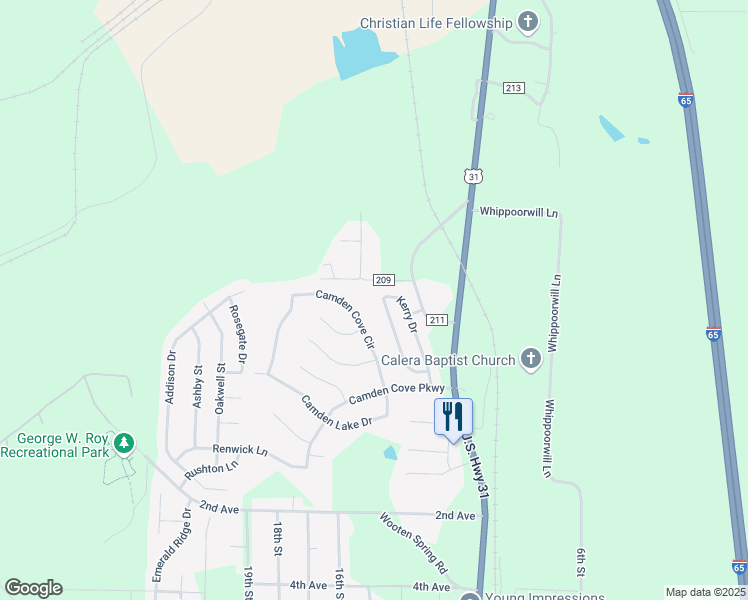 map of restaurants, bars, coffee shops, grocery stores, and more near 2071 Kerry Circle in Calera