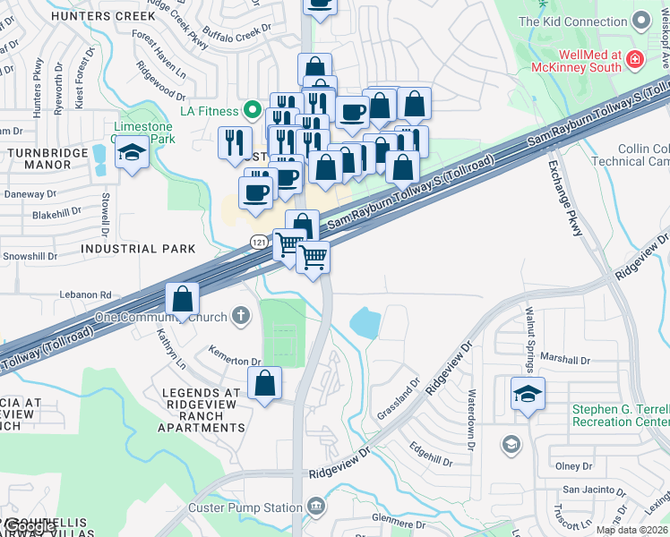 map of restaurants, bars, coffee shops, grocery stores, and more near 10565 Custer Road in Plano