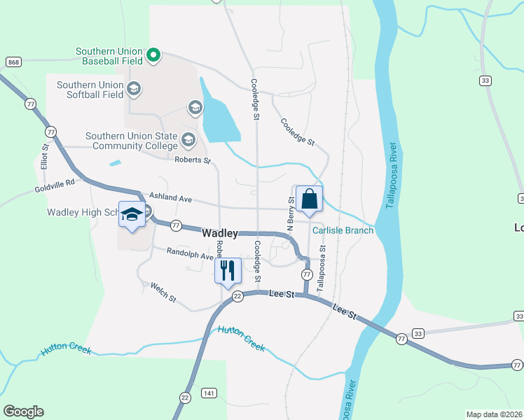 map of restaurants, bars, coffee shops, grocery stores, and more near 395 Ashland Avenue in Wadley