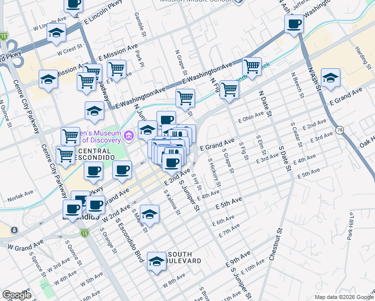 map of restaurants, bars, coffee shops, grocery stores, and more near 329 Valley Parkway in Escondido