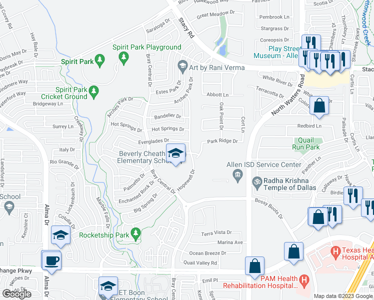 map of restaurants, bars, coffee shops, grocery stores, and more near 1000 Blanco Drive in Allen