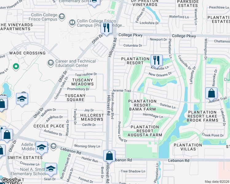 map of restaurants, bars, coffee shops, grocery stores, and more near 5517 Baton Rouge Boulevard in Frisco