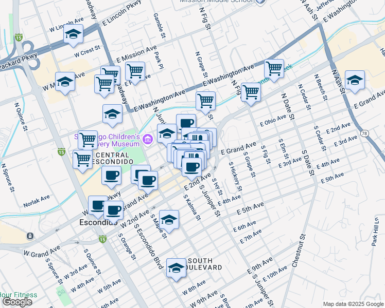 map of restaurants, bars, coffee shops, grocery stores, and more near 329 Valley Pkwy in Escondido