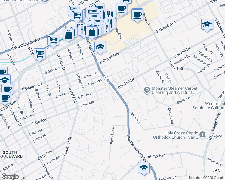 map of restaurants, bars, coffee shops, grocery stores, and more near in Escondido