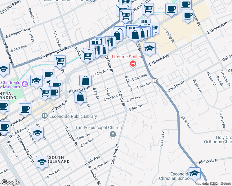 map of restaurants, bars, coffee shops, grocery stores, and more near 911 East 2nd Avenue in Escondido