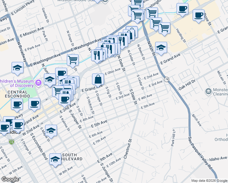 map of restaurants, bars, coffee shops, grocery stores, and more near 720 East 2nd Avenue in Escondido
