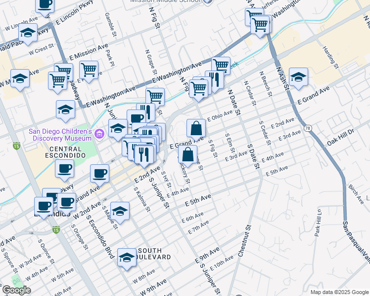 map of restaurants, bars, coffee shops, grocery stores, and more near 498 East Grand Avenue in Escondido