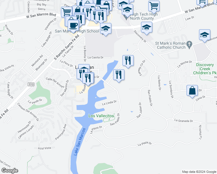 map of restaurants, bars, coffee shops, grocery stores, and more near 1781 San Pablo Drive in San Marcos