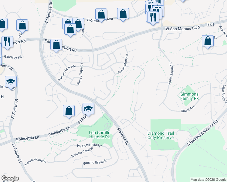 map of restaurants, bars, coffee shops, grocery stores, and more near 6154 Paseo Palero in Carlsbad