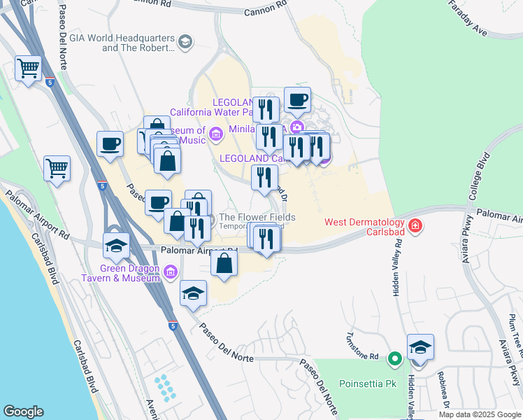 map of restaurants, bars, coffee shops, grocery stores, and more near 5803 Armada Dr in Carlsbad