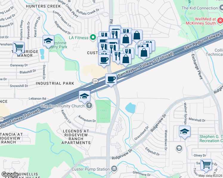map of restaurants, bars, coffee shops, grocery stores, and more near 10565 Custer Road in Plano