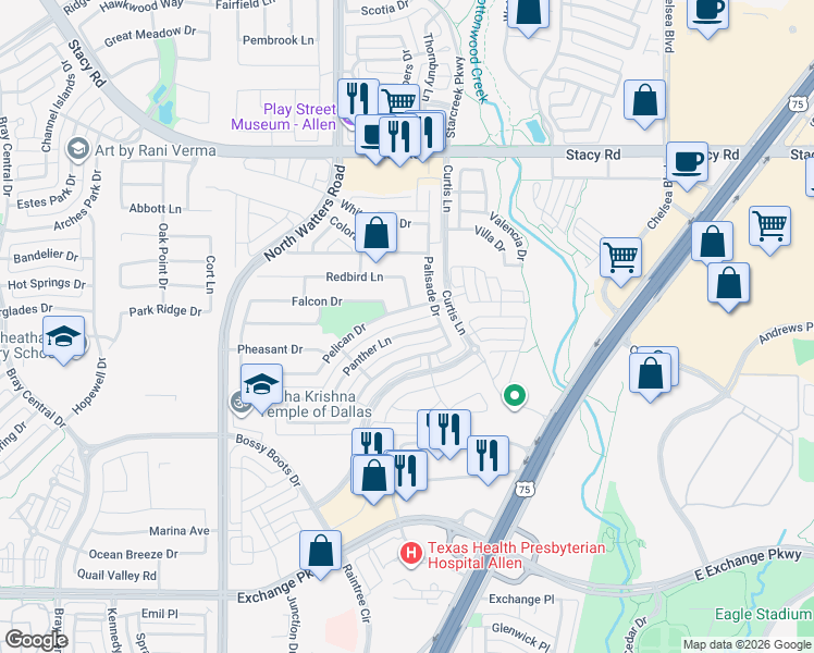 map of restaurants, bars, coffee shops, grocery stores, and more near 809 Pelican Drive in Allen