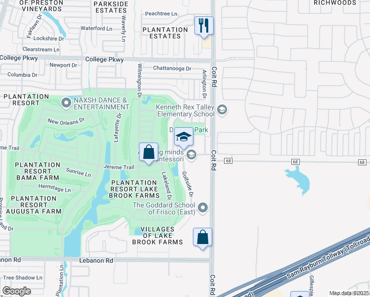 map of restaurants, bars, coffee shops, grocery stores, and more near 12450 Jereme Trail in Frisco