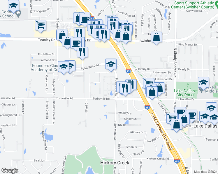 map of restaurants, bars, coffee shops, grocery stores, and more near 1021 Point Vista Street in Hickory Creek