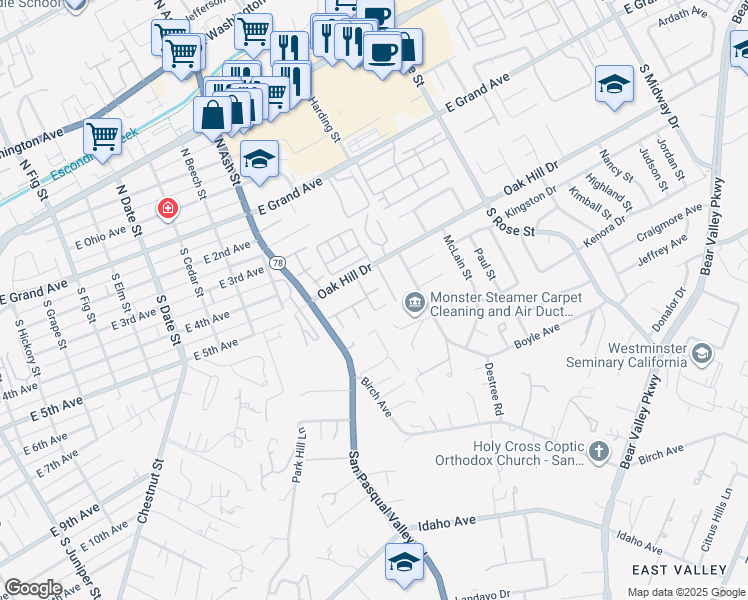 map of restaurants, bars, coffee shops, grocery stores, and more near 1368 Wagon Glen in Escondido