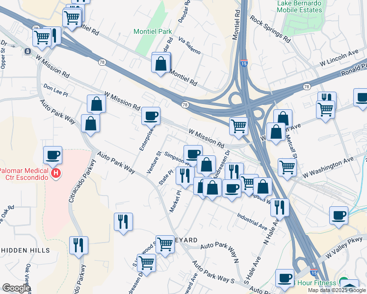 map of restaurants, bars, coffee shops, grocery stores, and more near 641 Superior Street in Escondido