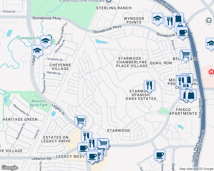 map of restaurants, bars, coffee shops, grocery stores, and more near 5504 Monterey Drive in Frisco