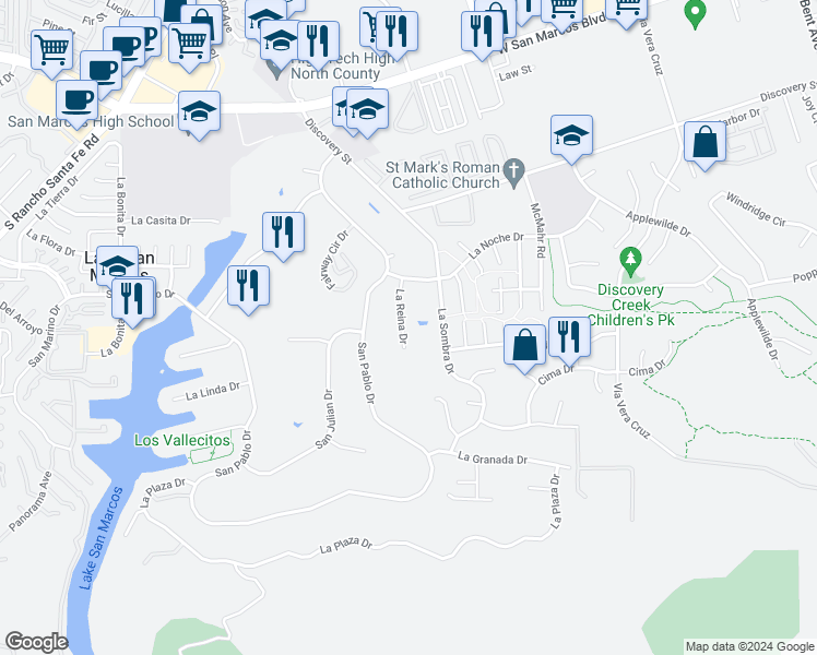 map of restaurants, bars, coffee shops, grocery stores, and more near 1051 La Reina Drive in San Marcos