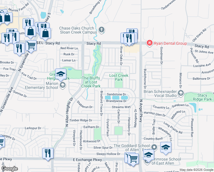 map of restaurants, bars, coffee shops, grocery stores, and more near 1606 Marshad Drive in Allen