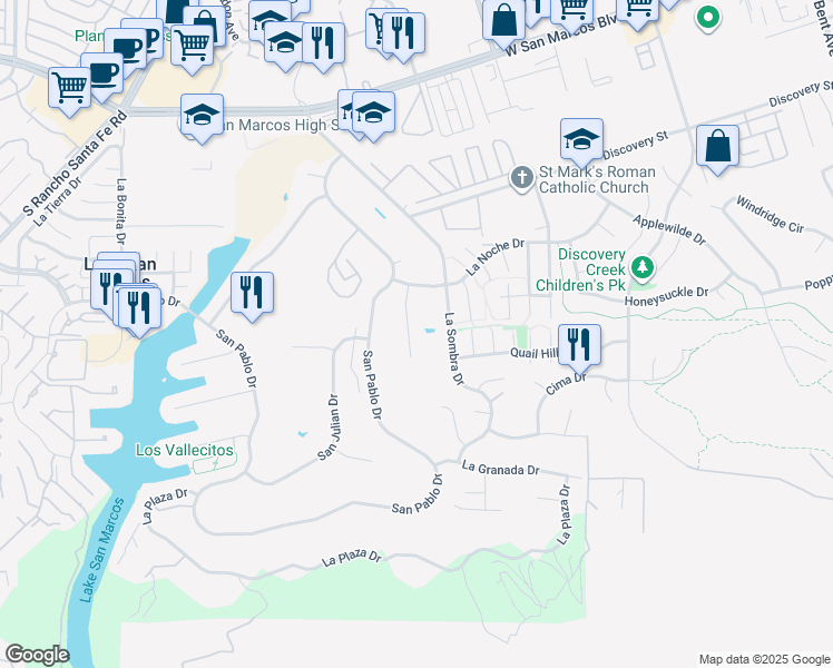 map of restaurants, bars, coffee shops, grocery stores, and more near 1051 La Reina Drive in San Marcos