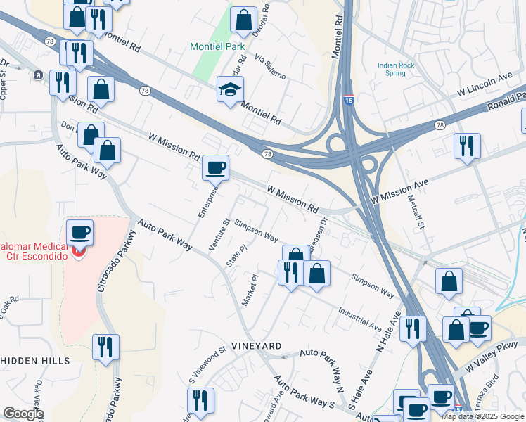 map of restaurants, bars, coffee shops, grocery stores, and more near 641 Superior Street in Escondido