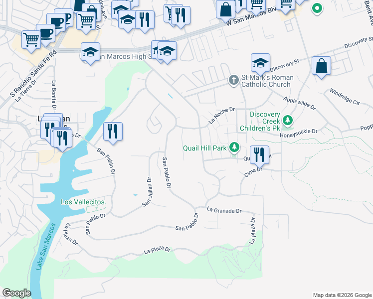 map of restaurants, bars, coffee shops, grocery stores, and more near 1051 La Reina Drive in San Marcos