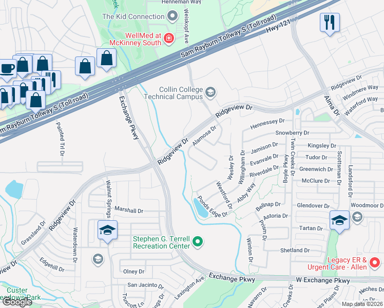 map of restaurants, bars, coffee shops, grocery stores, and more near 1622 Singing Water Drive in Allen