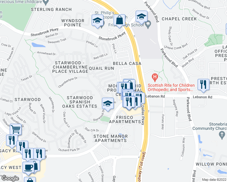 map of restaurants, bars, coffee shops, grocery stores, and more near 5474 Quail Run in Frisco