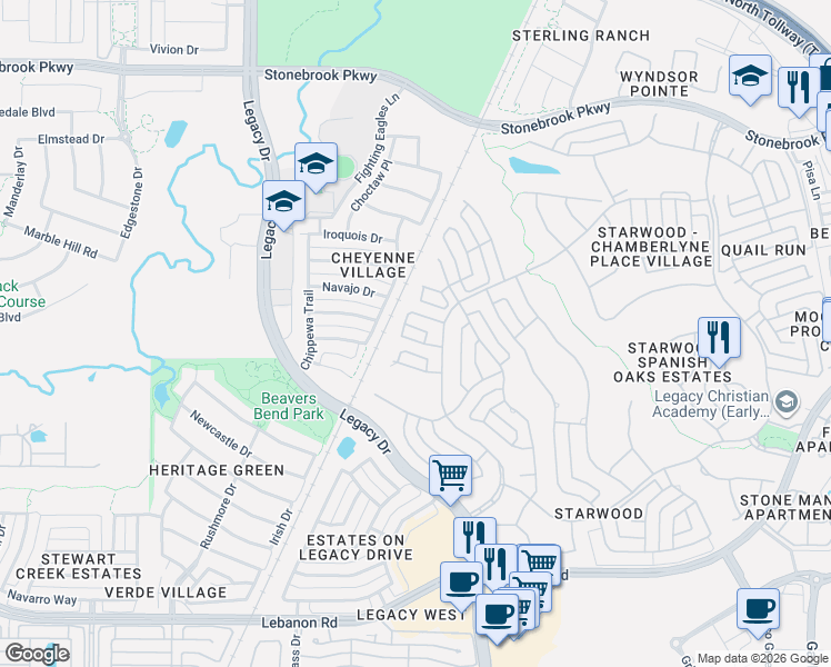 map of restaurants, bars, coffee shops, grocery stores, and more near 5375 Elm Spring Lane in Frisco