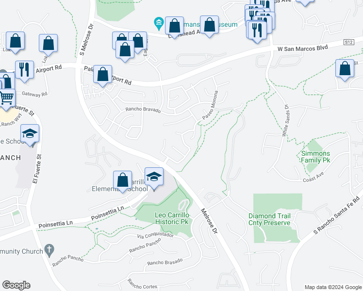 map of restaurants, bars, coffee shops, grocery stores, and more near 6149 Paseo Palero in Carlsbad