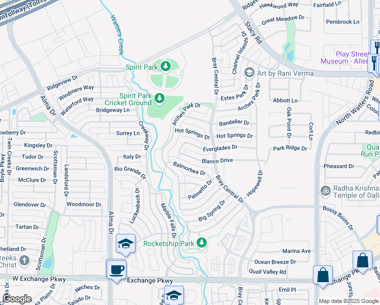 map of restaurants, bars, coffee shops, grocery stores, and more near 1043 Everglades Drive in Allen