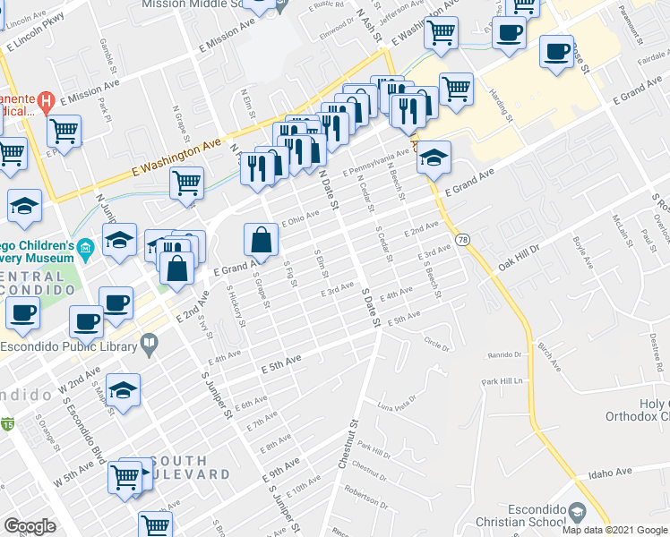 map of restaurants, bars, coffee shops, grocery stores, and more near 817 East 2nd Avenue in Escondido