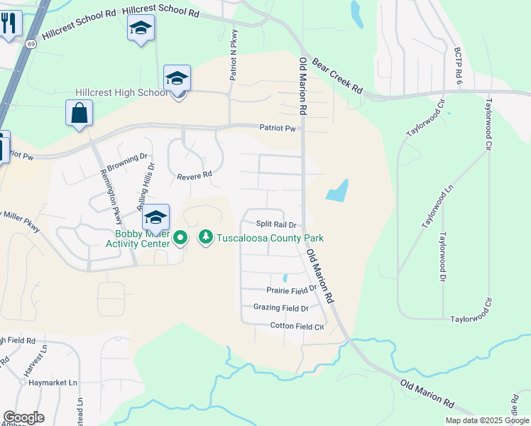 map of restaurants, bars, coffee shops, grocery stores, and more near 9042 Cotton Field Circle in Tuscaloosa