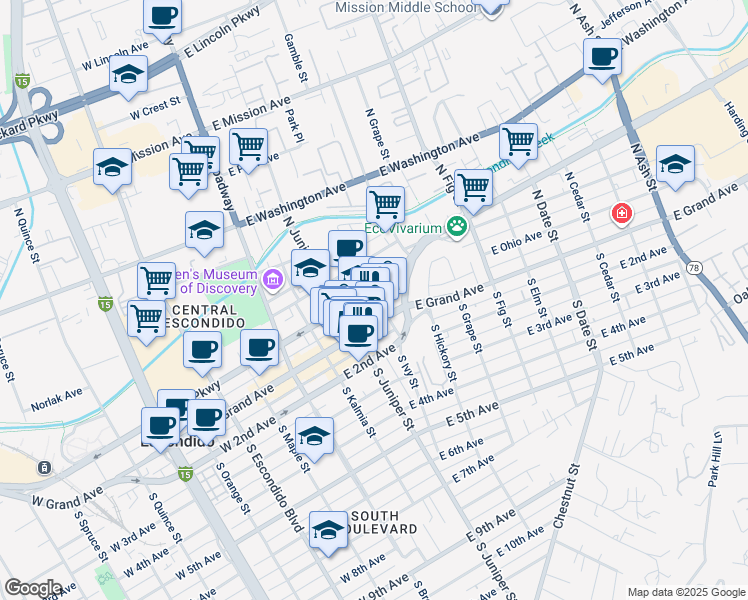 map of restaurants, bars, coffee shops, grocery stores, and more near 329 Valley Parkway in Escondido