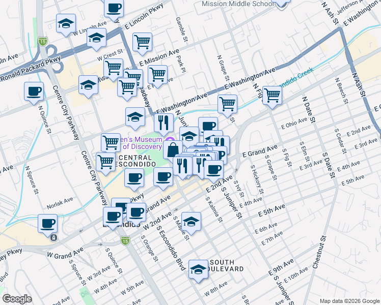 map of restaurants, bars, coffee shops, grocery stores, and more near 207 East Pennsylvania Avenue in Escondido