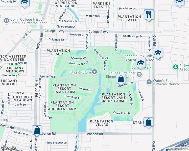 map of restaurants, bars, coffee shops, grocery stores, and more near 5513 Plantation Lane in Frisco