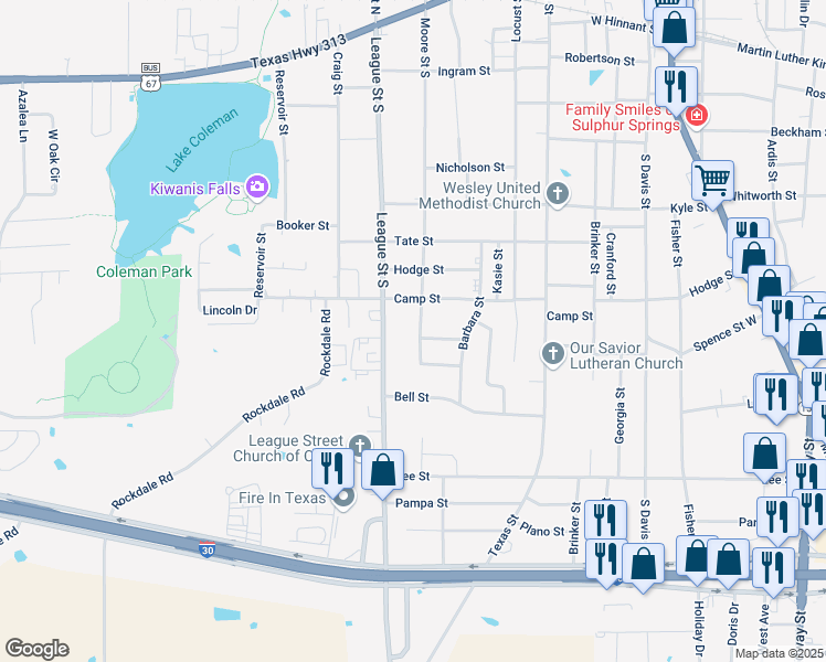 map of restaurants, bars, coffee shops, grocery stores, and more near 811 Moore Street South in Sulphur Springs