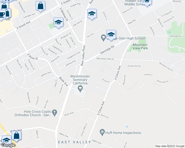 map of restaurants, bars, coffee shops, grocery stores, and more near 1915 Glenridge Road in Escondido