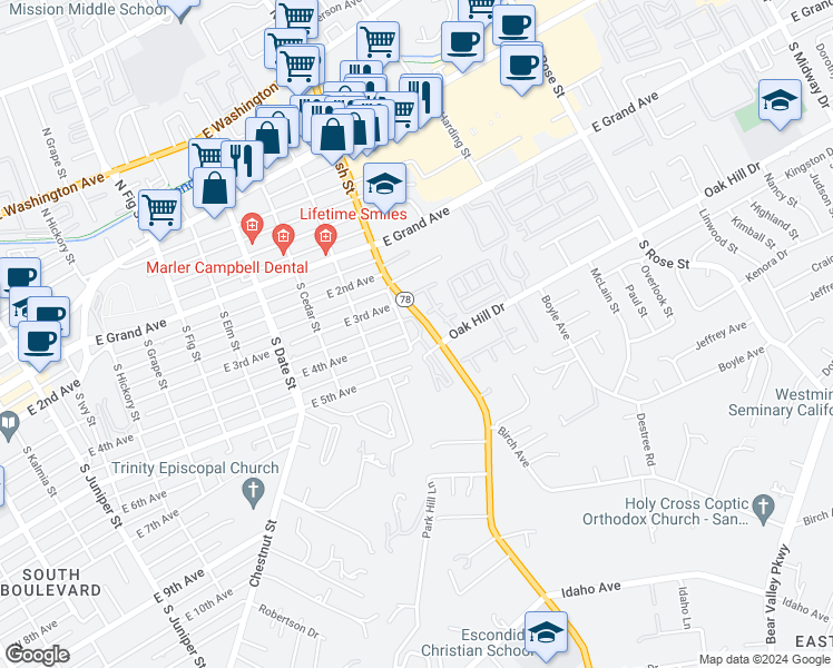 map of restaurants, bars, coffee shops, grocery stores, and more near 495 San Pasqual Valley Road in Escondido
