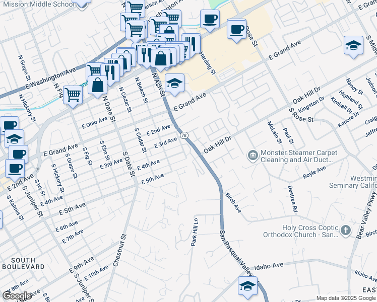 map of restaurants, bars, coffee shops, grocery stores, and more near 495 San Pasqual Valley Road in Escondido